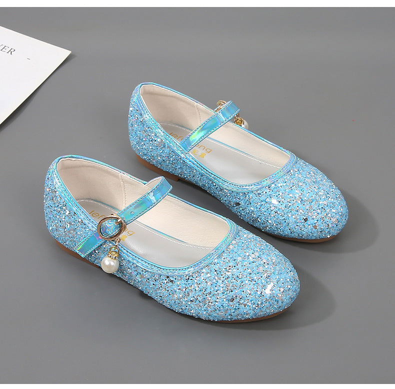 Sparkling Sequins Low Heel Round Toe Minimalist Girl's Shoes with Buckle & Pearl