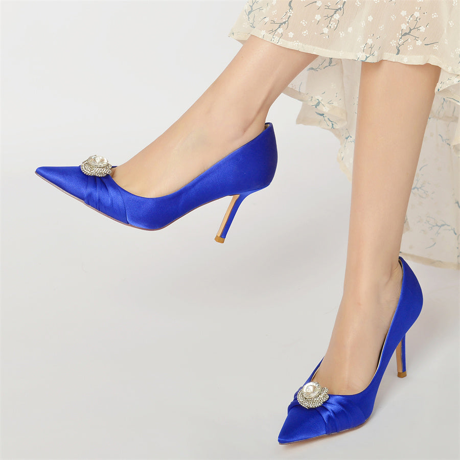 Women's Wedding Silk Satin Stiletto Heel Pointed Toe Bridal Shoes with Big Crystal