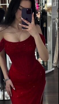 edgynewlook Exquisite Red Sequins Strapless Off the Shoulder Mermaid Prom Dress with Split