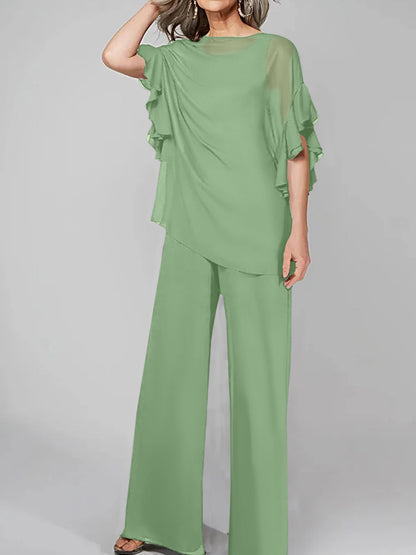 Jumpsuits Scoop Half Sleeves Chiffon Mother Of The Bride Pantsuits