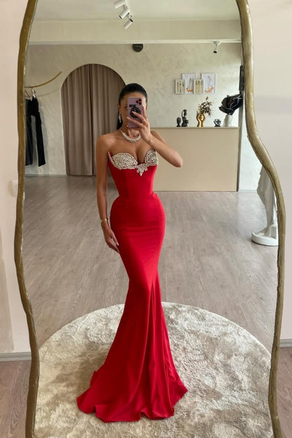 Red Strapless Mermaid Slim Fit Beaded Formal Prom Dress ZT0533