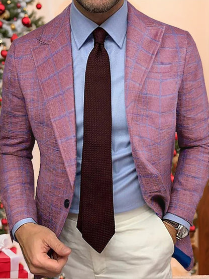 Pink Blue Men's Tailored Fit Single Breasted Two-buttons Plaid Casual Jacket