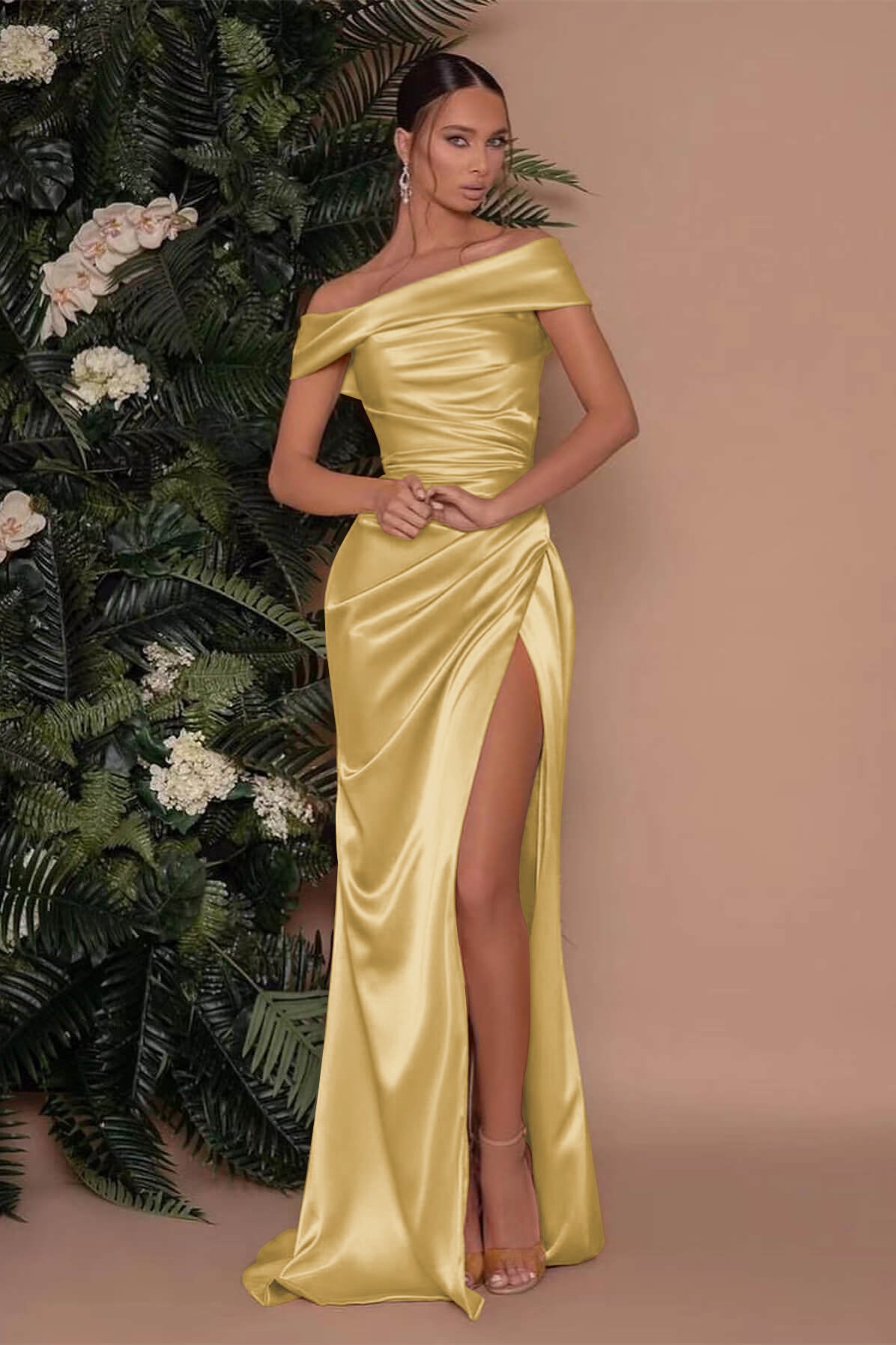 Champagne Off The Shoulder Charmeuse Prom Dress Split Mermaid ED0111