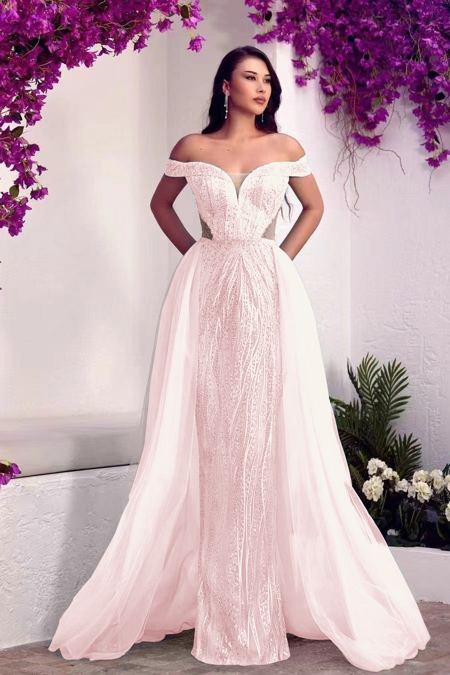 Glamorous Off-The-Shoulder Sweetheart Tulle Prom Dress Overskirt With Sequins Beads ED0386