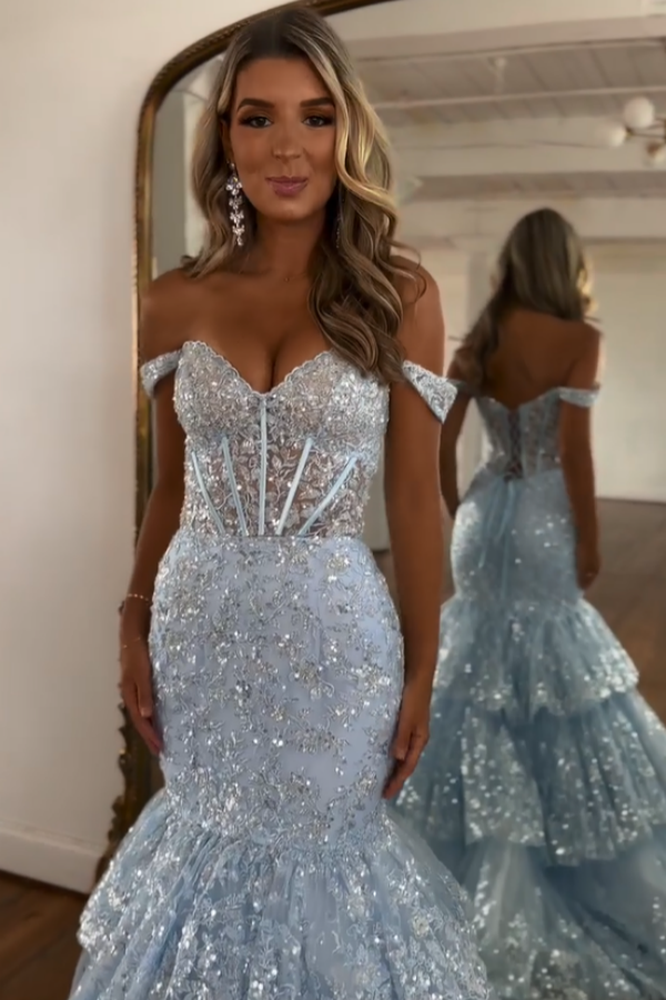 Lovely Light Blue Off-The-Shoulder Appliques Mermaid Prom Dress ZT0566