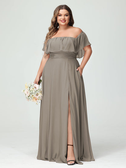 A-Line/Princess Off-the-Shoulder Short Sleeves Chiffon Plus Size Bridesmaid Dresses with Pockets & Split Side