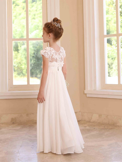 A-Line/Princess Satin Lace Scoop Short Sleeves Floor-Length  Flower Girl Dresses White Lace