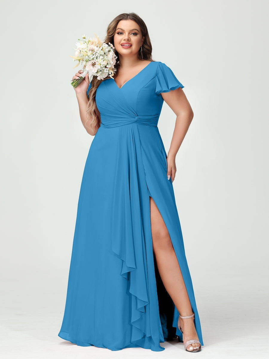 A-Line/Princess V-Neck Short Sleeves Chiffon Ruffles Split Side Plus Size Bridesmaid Dresses with Pockets