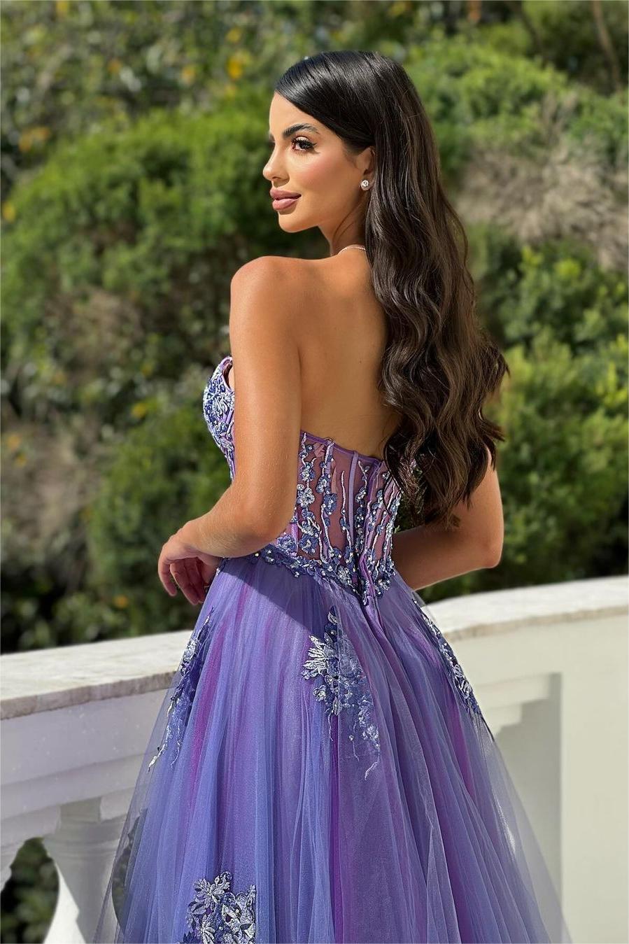 edgynewlook Glamorous Purple Tulle Strapless Sleeveless Beadings Split Prom Dress with Applique