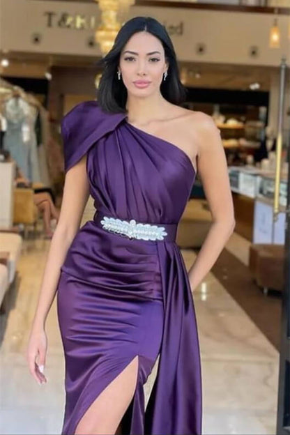 Dark Purple One Shoulder Mermaid Long Ruffles Prom Dress With Belt Online ED0344