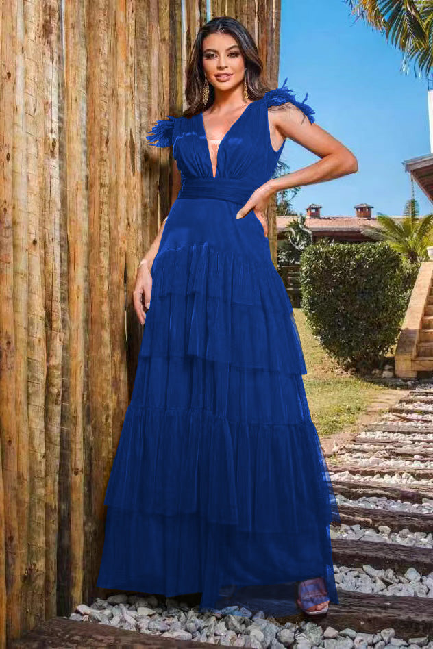 Peacock Straps Deep V-Neck Tulle Prom Dress With Feathers Layered ED0387