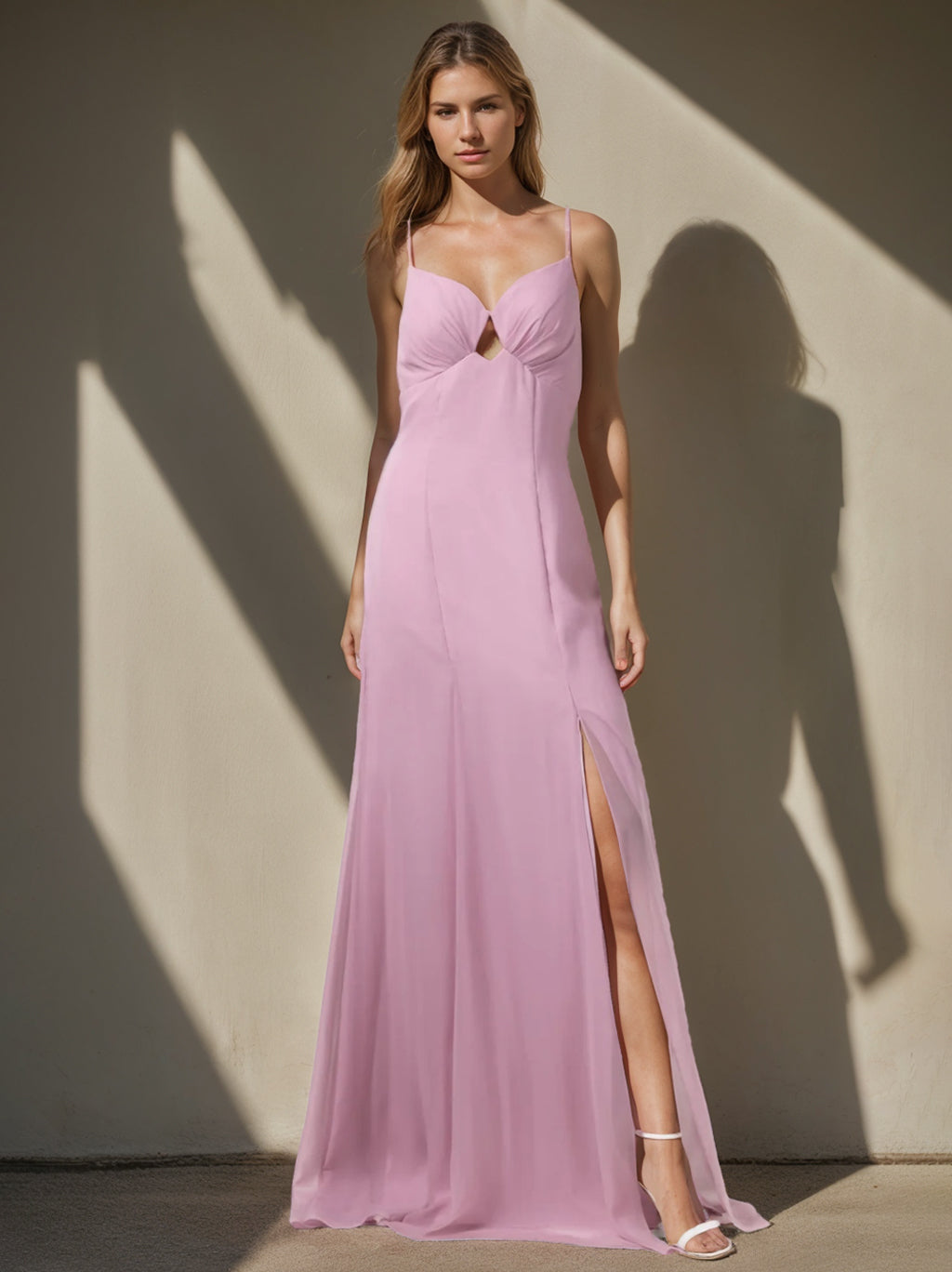 A Line/Princess Spaghetti Straps Sleeveless Floor-Length Bridesmaid Dresses with Split Side