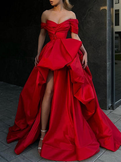 A-Line Sweep/Brush Train Off Shoulder  Sleeveless Prom Satin with Slit