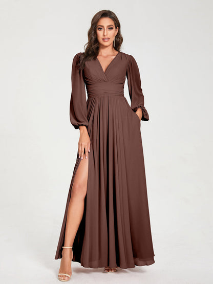 A-Line/Princess V-Neck Long Sleeves Floor-Length Bridesmaid Dresses with Pockets & Split Side