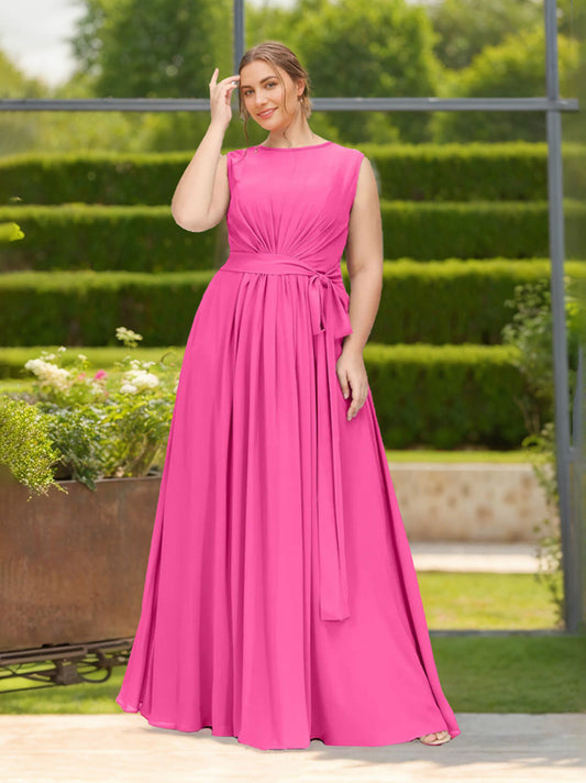 A-Line/Princess Scoop Neck Sleeveless Floor-Length Chiffon Plus Size Bridesmaid Dress with Ruffles & Bowknot