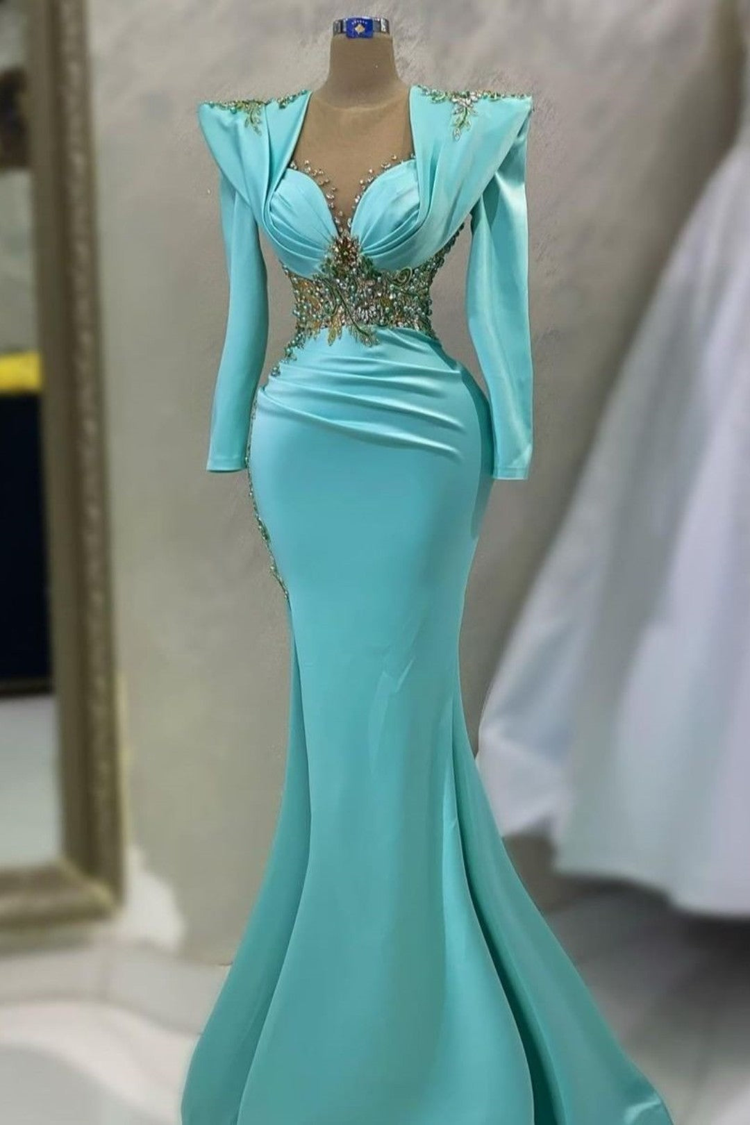 Emerald Satin Prom Dress Sleeves Applikation Lang Mermaid YL0239