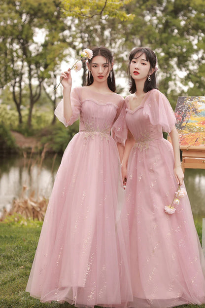 Pink Tulle Long A-Line Ball Gown Evening Gown Bridesmaid Dresses 8869