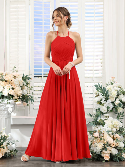 A-Line/Princess Halter Sleeveless Floor-Length Chiffon Bridesmaid Dresses with Ruched