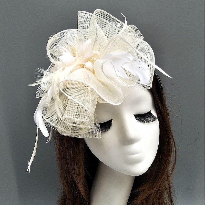 Elegant Net Saucer Hat Fascinator Hats Headpiece Flower Feather & Beading