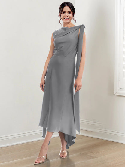 Sheath/Column Jewel Neck Tea-Length Asymmetrical Mother of the Bride Dresses with Ruched