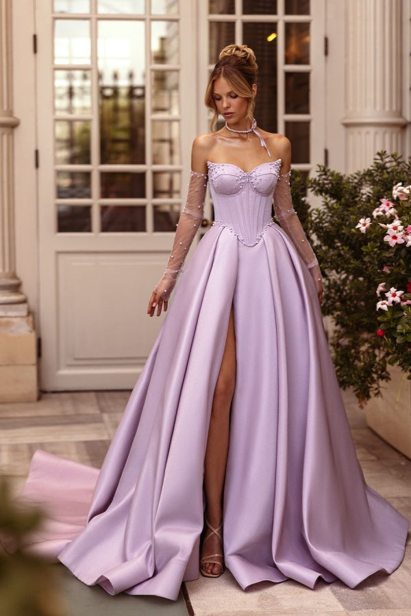 Strapless Pale Purple Pearls Beaded Long Split Prom Dress ZT0242