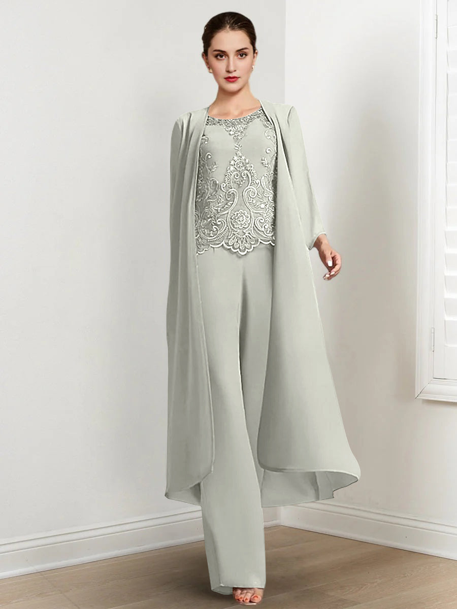 Chiffon Round Neck Floor-Length Mother Of The Bride Pantsuits With Jacket & Applique