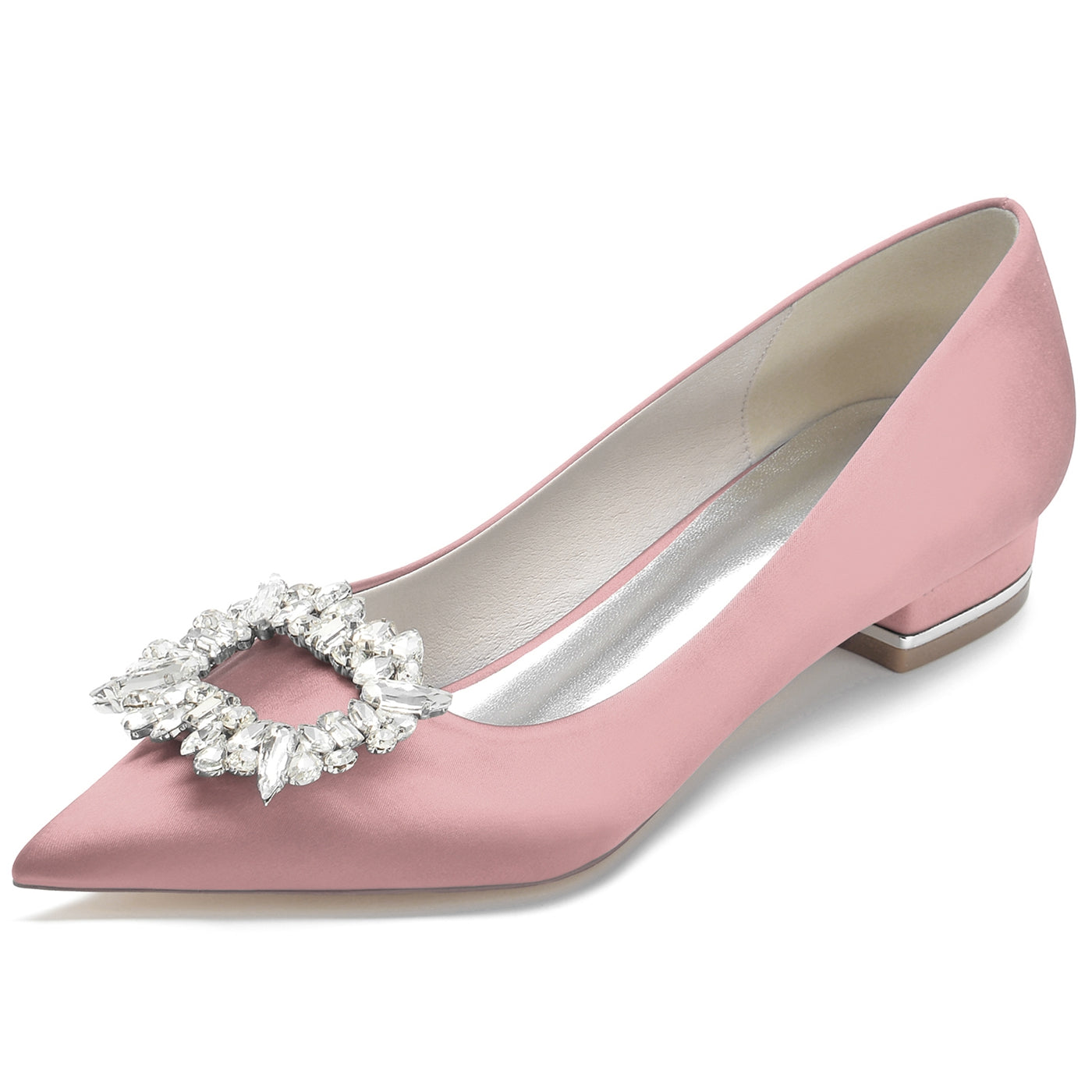 Women's Wedding Shoes Silk Satin Square Rhinestone Low Pointed Toe Bridal Shoes