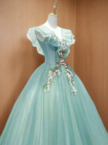 Ball Gown V-Neck Short Sleeves Floor-Length Organza Prom Dresses with Lace Appliques