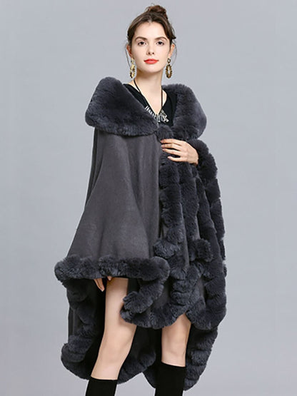 Women‘s White Fashionable Faux Fur Long Sleeves Wrap Cloak with Pure Color