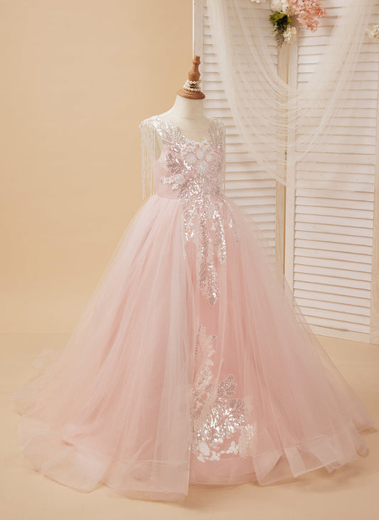 Ball-Gown/Princess Satin Tulle Floor-length Pink Flower Girl Dress