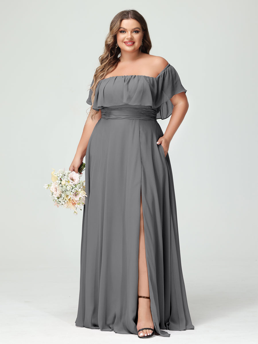 A-Line/Princess Off-the-Shoulder Short Sleeves Chiffon Plus Size Bridesmaid Dresses with Pockets & Split Side