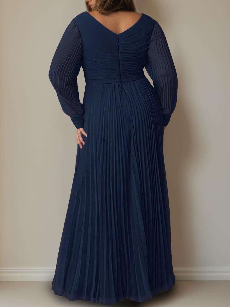 A-Line/Princess V-neck Long Sleeves Floor-Length Plus Size Mother of the Bride Dresses with Pleated