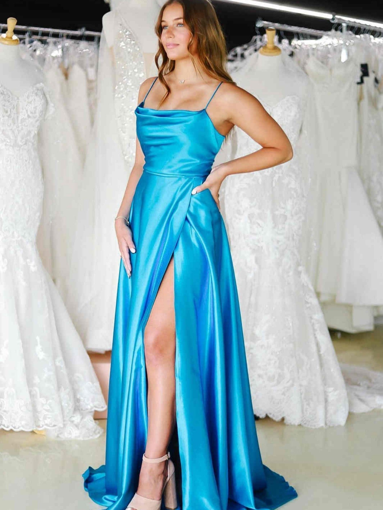 Araya |A Line Cowl Neck Satin Prom Dress With Slit