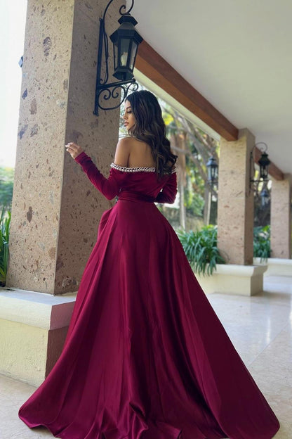 edgynewlook Beautiful Burgundy Satin Off the Shoulder Long Sleeves Split Prom Dress with Beadings