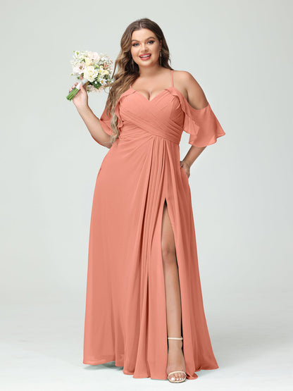 A-Line/Princess/Princess Spaghetti Straps Short Sleeves Chiffon Plus Size Bridesmaid Dresses with Pockets,Ruched Split Side