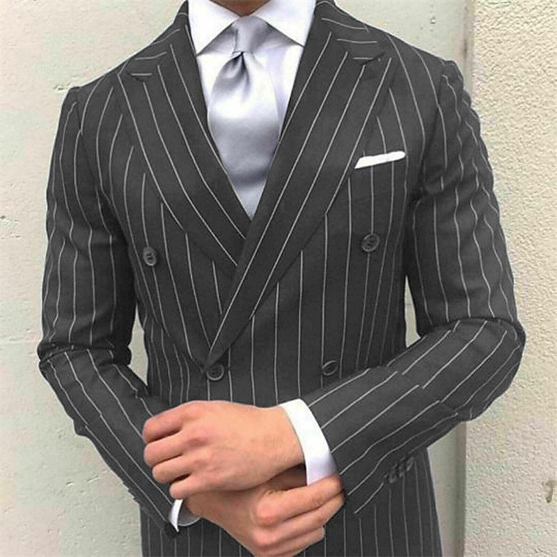 Men's Prom Pinstripe Peak Lapel Business Formal Striped Double Breasted Six-buttons  2 Piece Wedding Suits