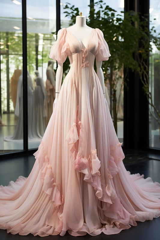 Pink gorgeous A-line long ruffled tulle ball gown prom dress evening gown wedding dress graduation gown gh3274