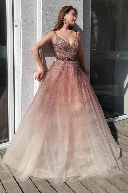 Ombre Spaghetti-Straps Deep V-Neck Tulle Prom Dress With Sequins Beads ED0358