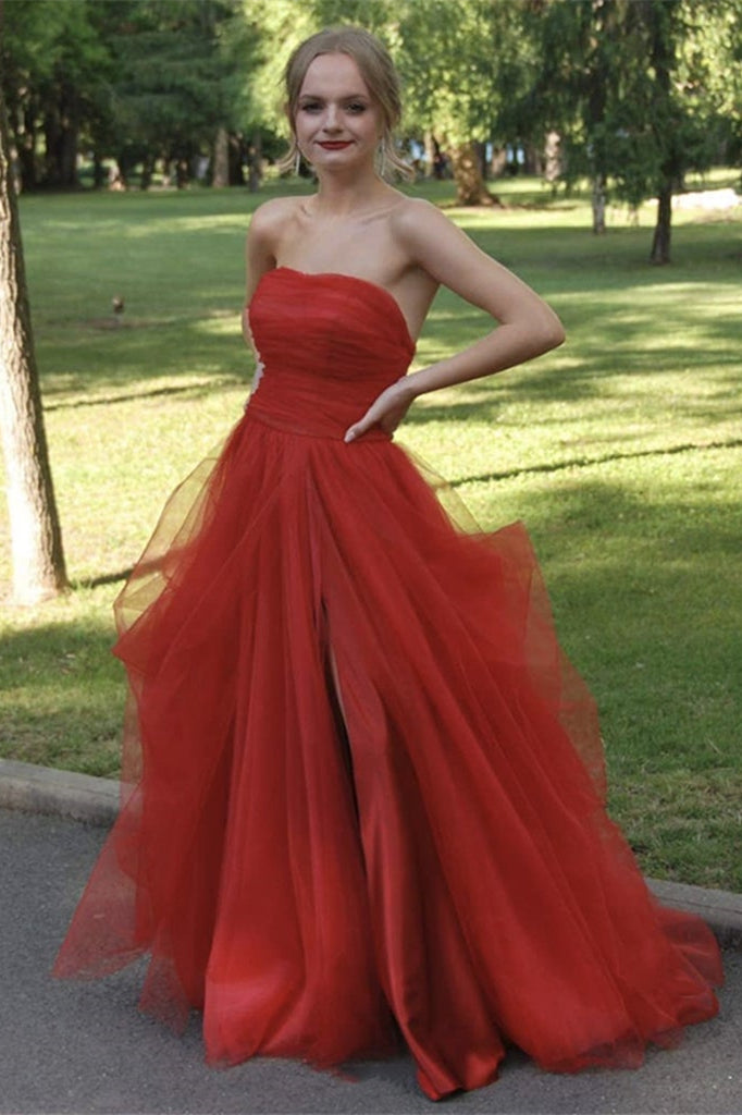 Strapless Split Tulle Long Prom Dress PD0404