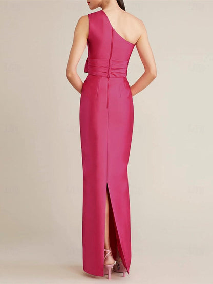 Sheath/Column  Floor Length Sleeveless One Shoulder Wedding Guest Dresses Satin with Bow(s) Pocket