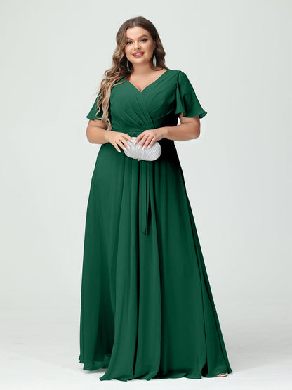 A-Line/Princess V-Neck Short Sleeves Plus Size Bridesmaid Dresses with Pockets Belt & Split Side