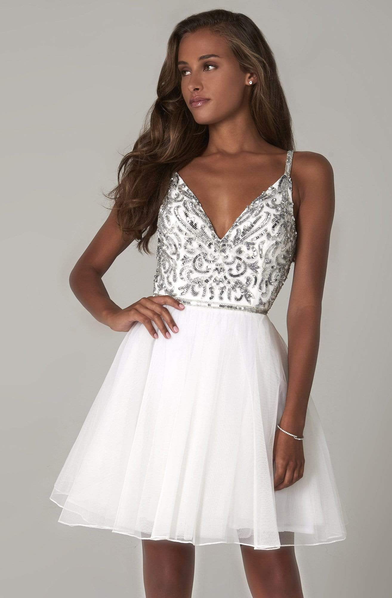 V-Neck Sequined Bodice Short A-Line Dress gh823