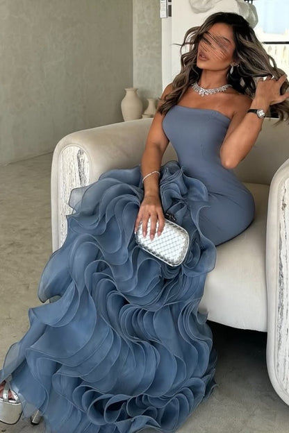 Dusty Blue Strapless Mesh Ruffles Sheath Prom Dress ZT0610