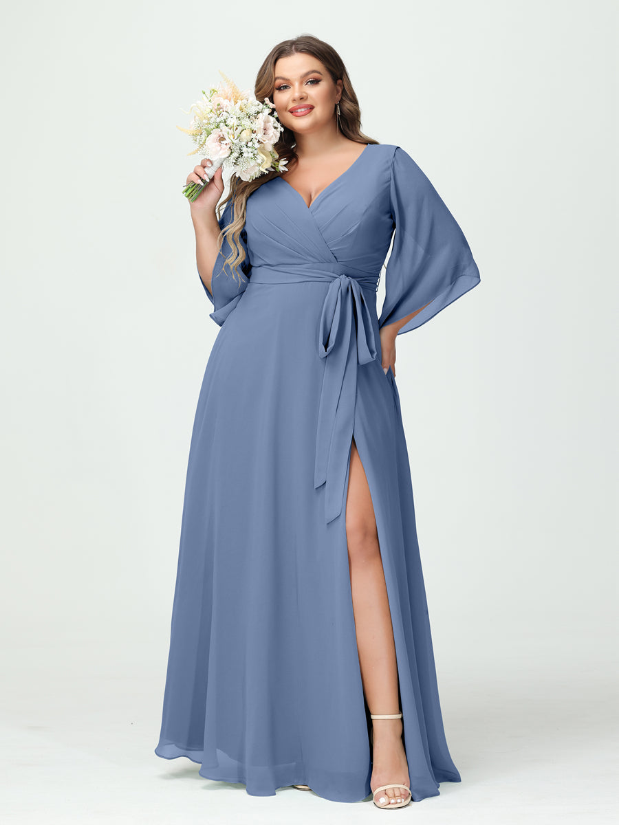 A-Line/Princess/Princess V-Neck Long Sleeves Chiffon Plus Size Bridesmaid Dresses With Pockets Belt & Split Side