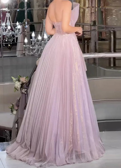 Gentle Sweet Pink Strapless Applique Tiered Tulle Prom Dress LY0030