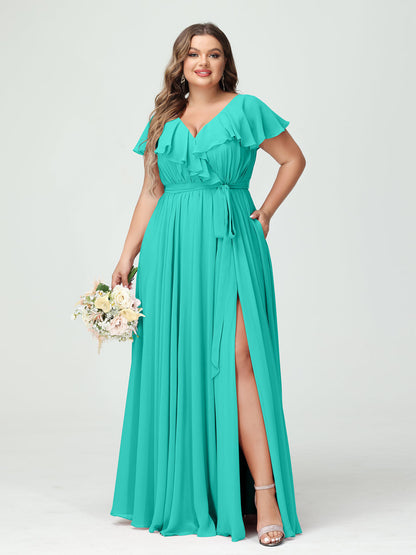 A-Line/Princess V-Neck Short Sleeves Chiffon Plus Size Bridesmaid Dresses With Pockets,Ruffles  ,Ruched & Split Side