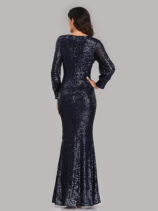 Mermaid/Trumpet V-Neck Long Sleeves Floor-Length Party Cocktail Dress with Sequins