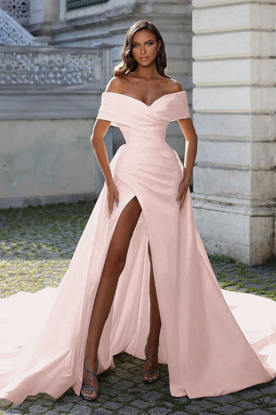 White Split Off-The-Shoulder Long Strapless Prom Dress With Detachable Trail ZT0240