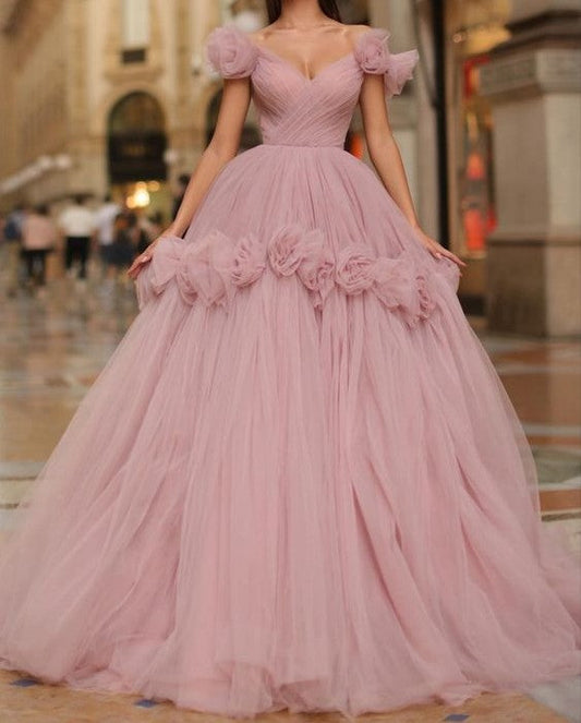 Pink Tulle A-Line Off The Shoulder Party Dress, Long Prom Dresses, Floral Prom Dresses