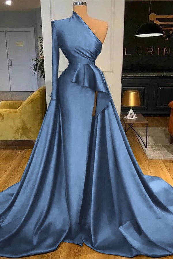 Dark Blue Long Sleeves Mermaid Long Prom Dress Split PD0685